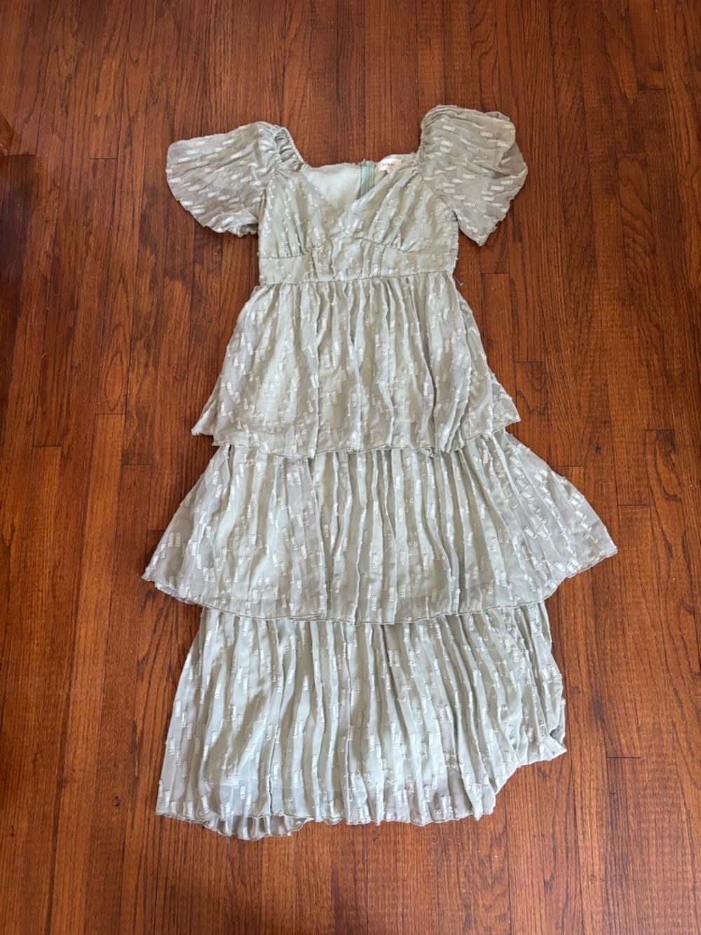 bohme Sage Green Tiered Puff-Sleeve Dress